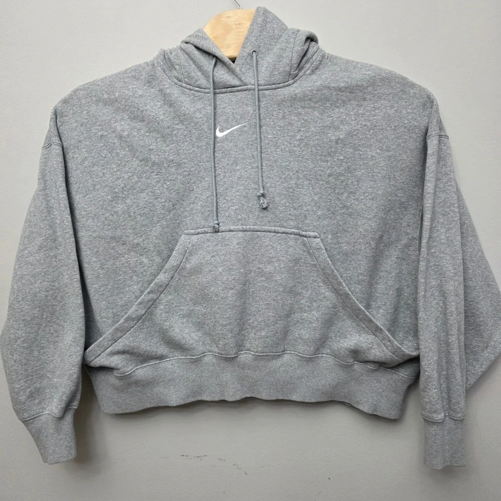 Nike‎ Sportswear Essential Cropped Hoodie Heather Gray Embroidered Swoosh Small